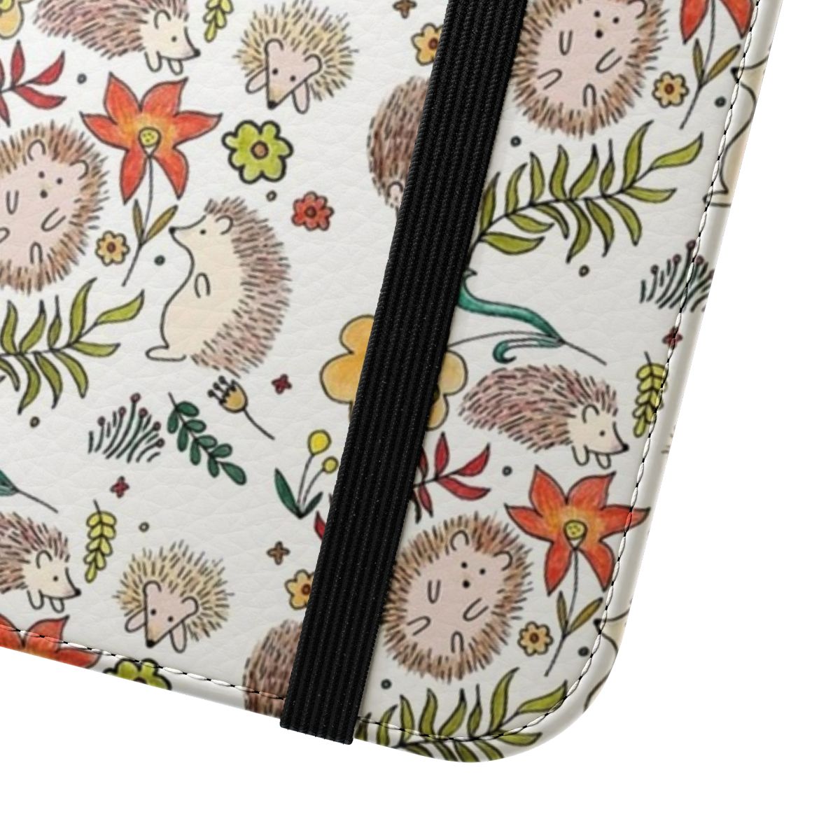 A colorful phone case featuring a hedgehog in a floral field design. - Close Up