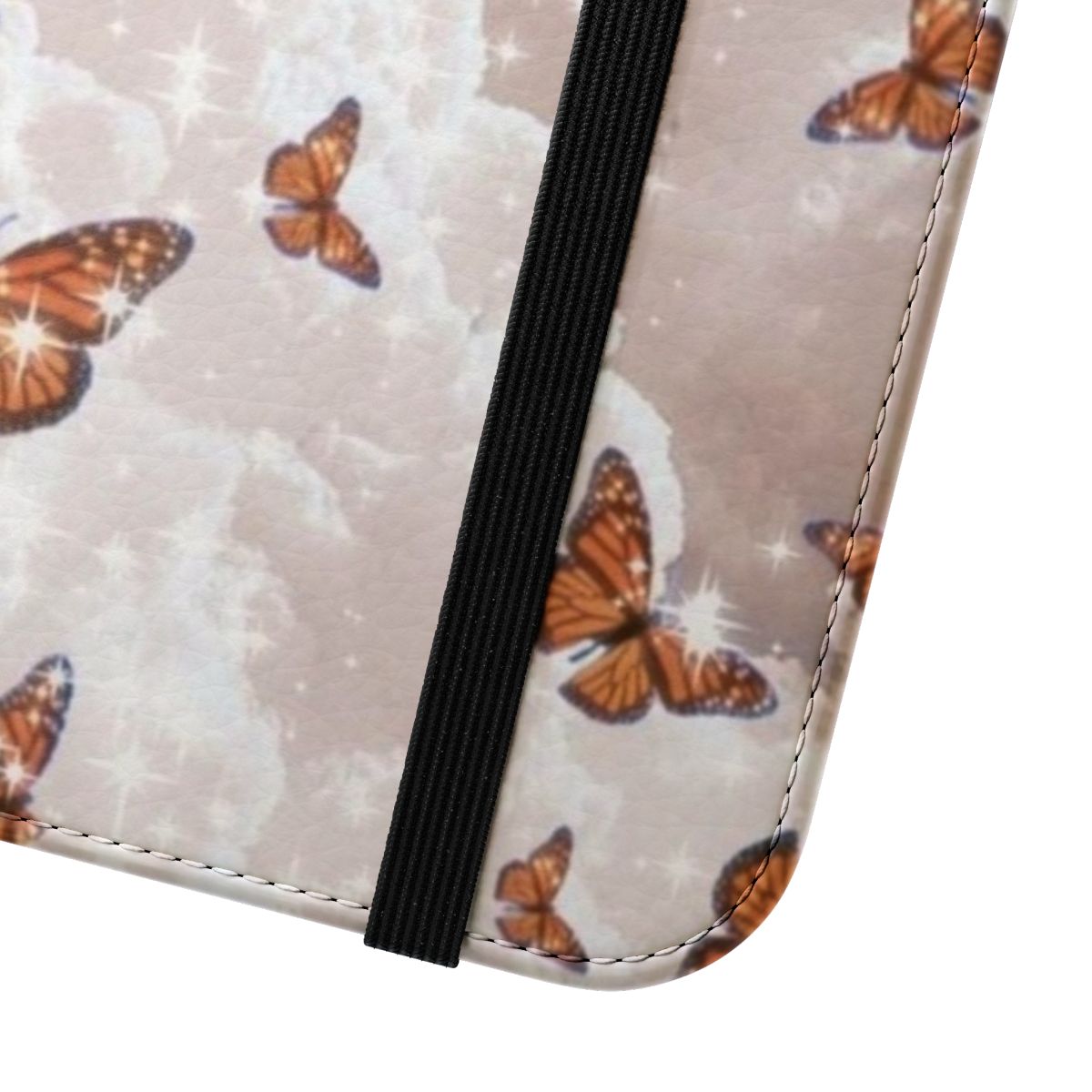 A stylish flip phone case featuring a design of aesthetic butterflies and clouds. - Close Up