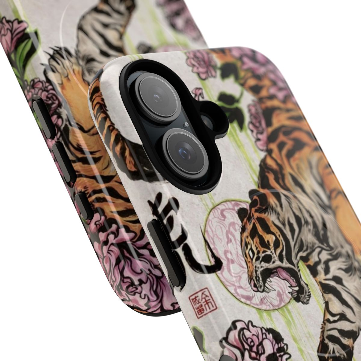 Magnetic phone case with a tiger-inspired design and brushwork patterns - Detail