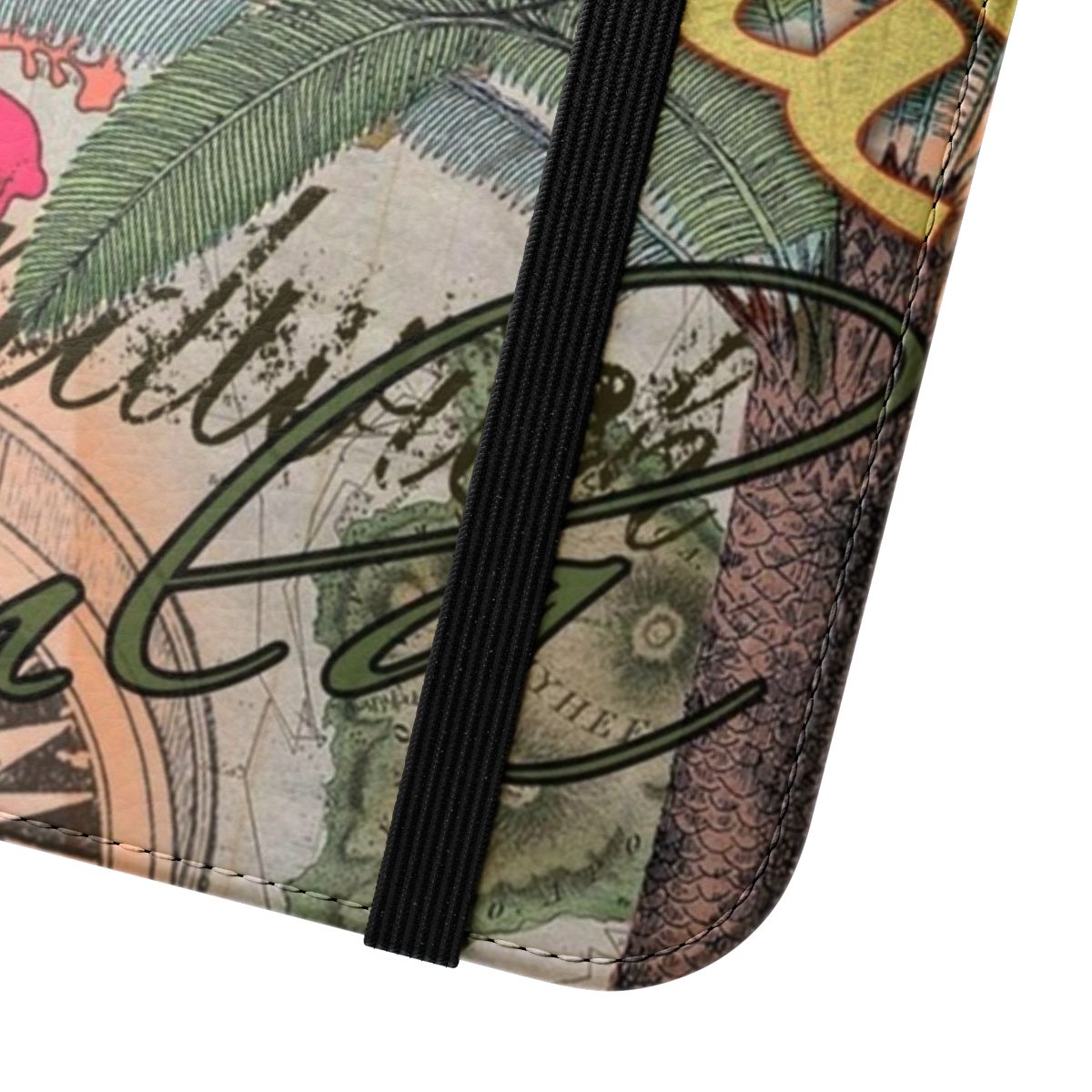 Vintage-style Hawaiian tropical floral and doodle collage design on a flip cover phone case - Close Up