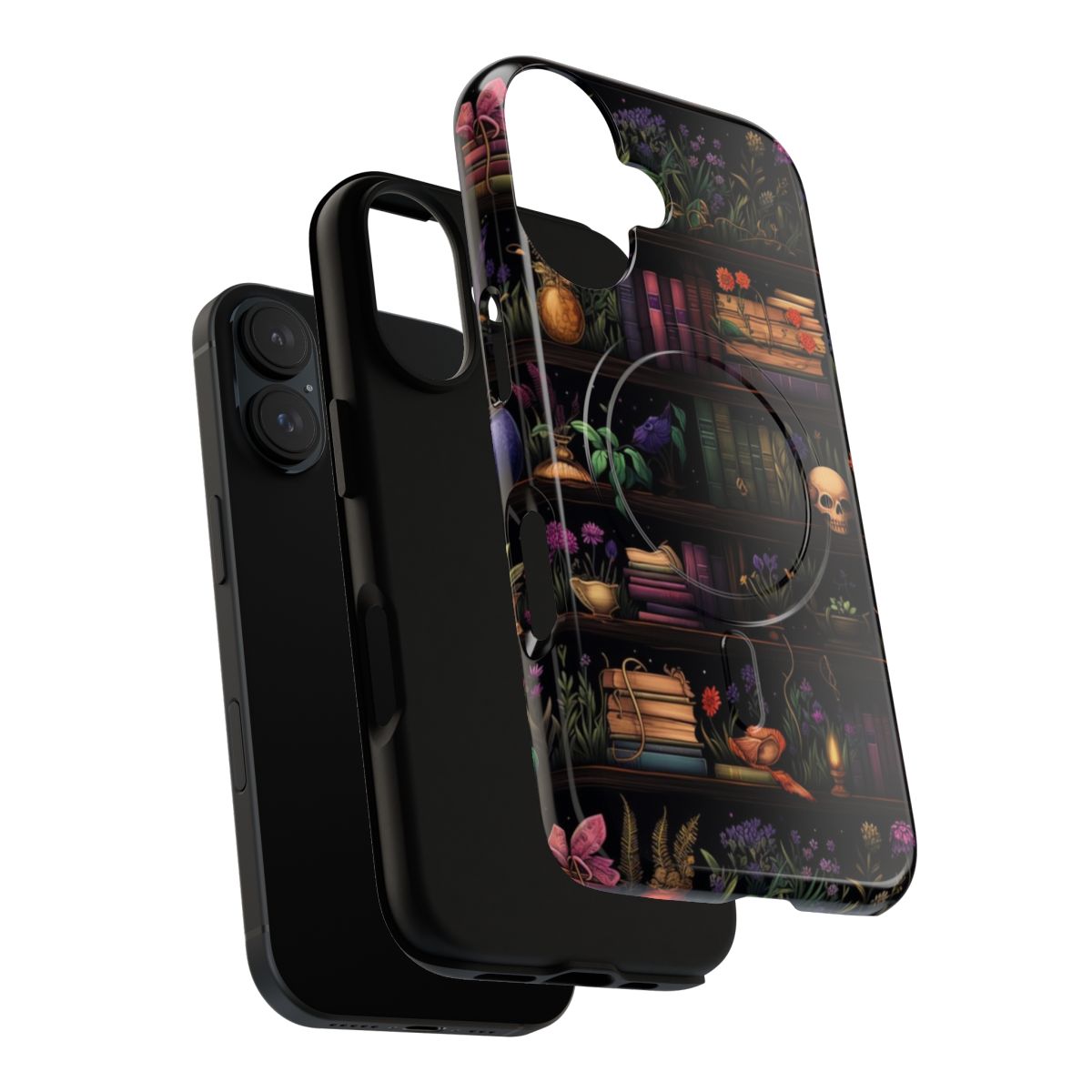 A dark, witchy-inspired phone case with a bookshelf pattern design. - Layers