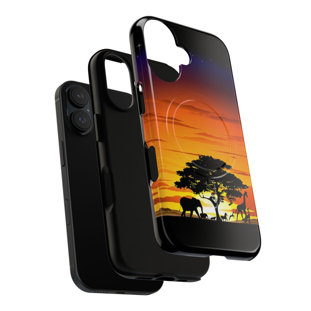 Phone case featuring a vibrant African savanna sunset landscape with wild animals silhouetted against the sky. - Layers