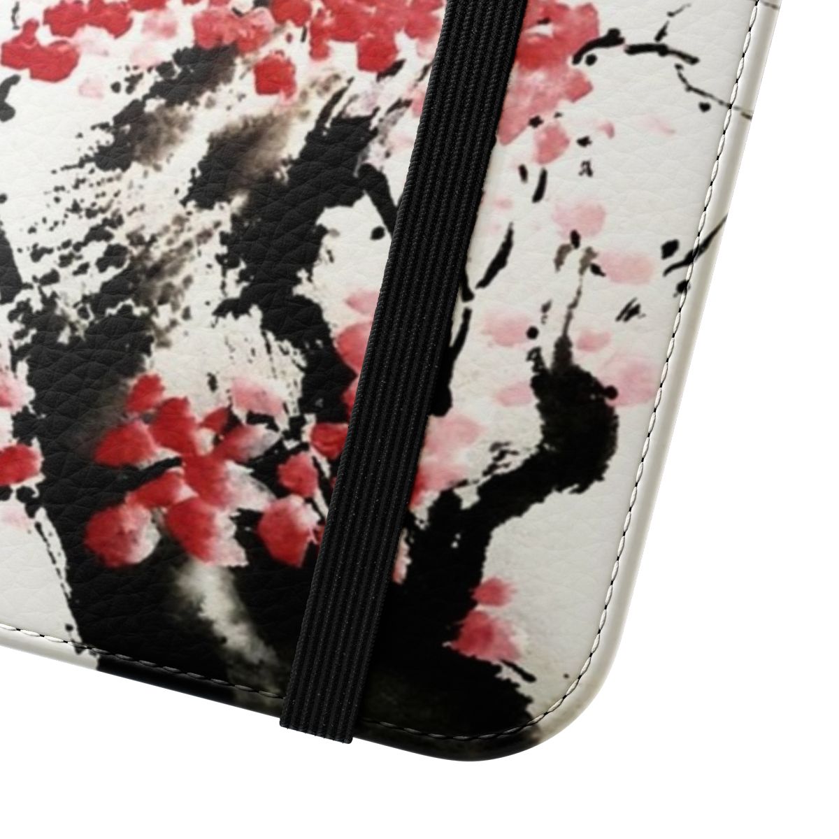 Cherry blossom Japanese ink painting design on a flip cover phone case - Close Up