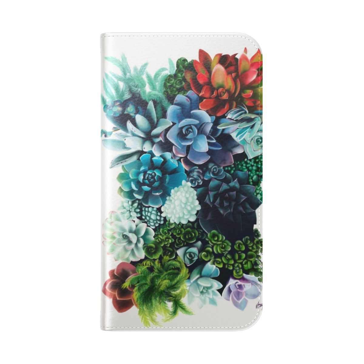 Colorful spring-themed flip phone case with floral and cactus designs - Folded Back