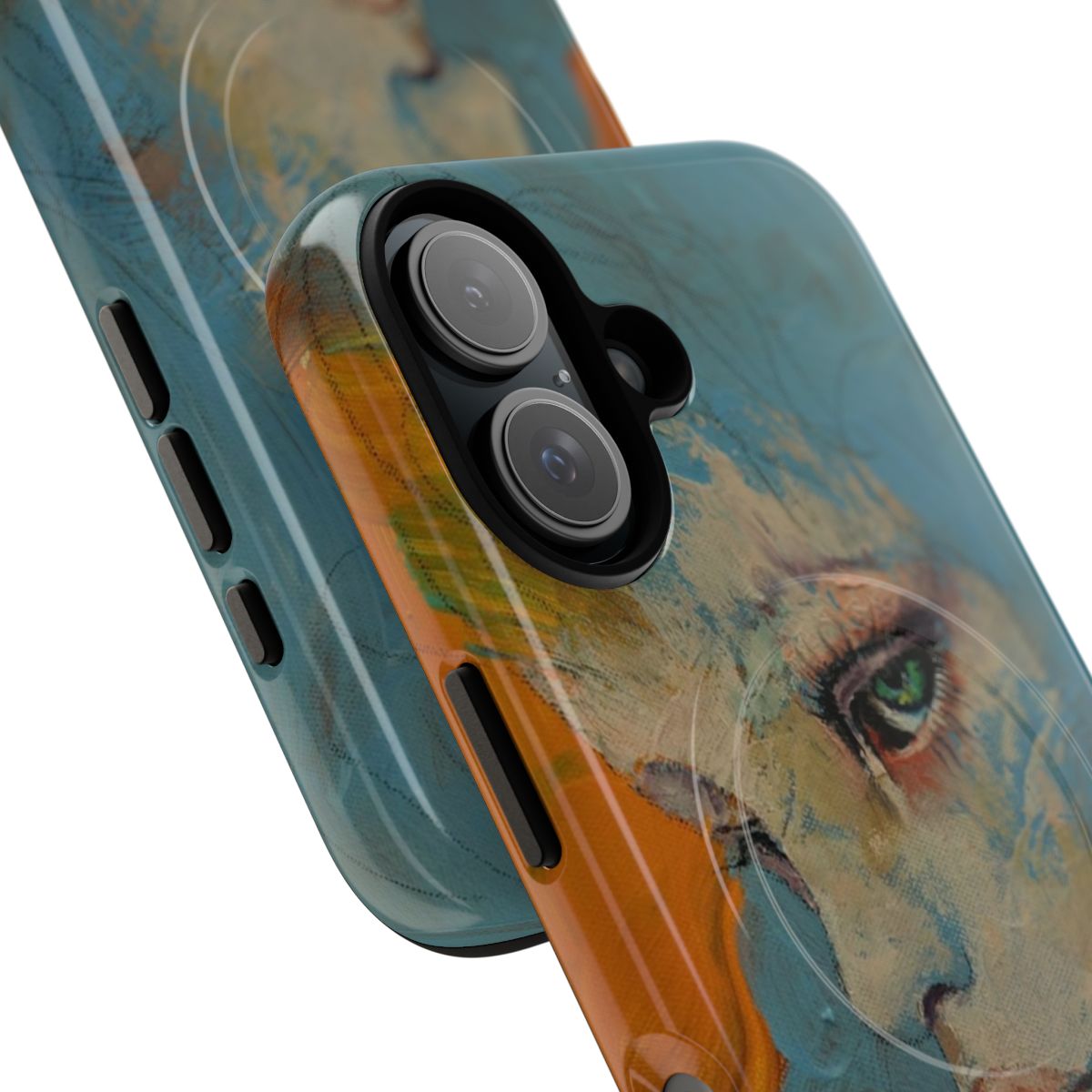 A contemporary art-inspired magnetic tough phone case with a melancholic child portrait in blue and orange tones. - Detail