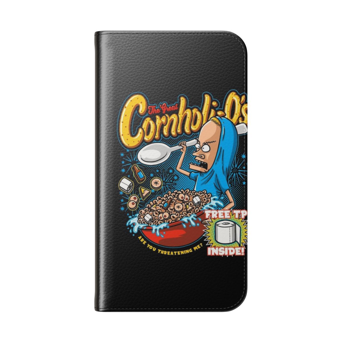 Funny phone case with Beavis and Butthead "Great Cornholio" inspired design - Folded Back