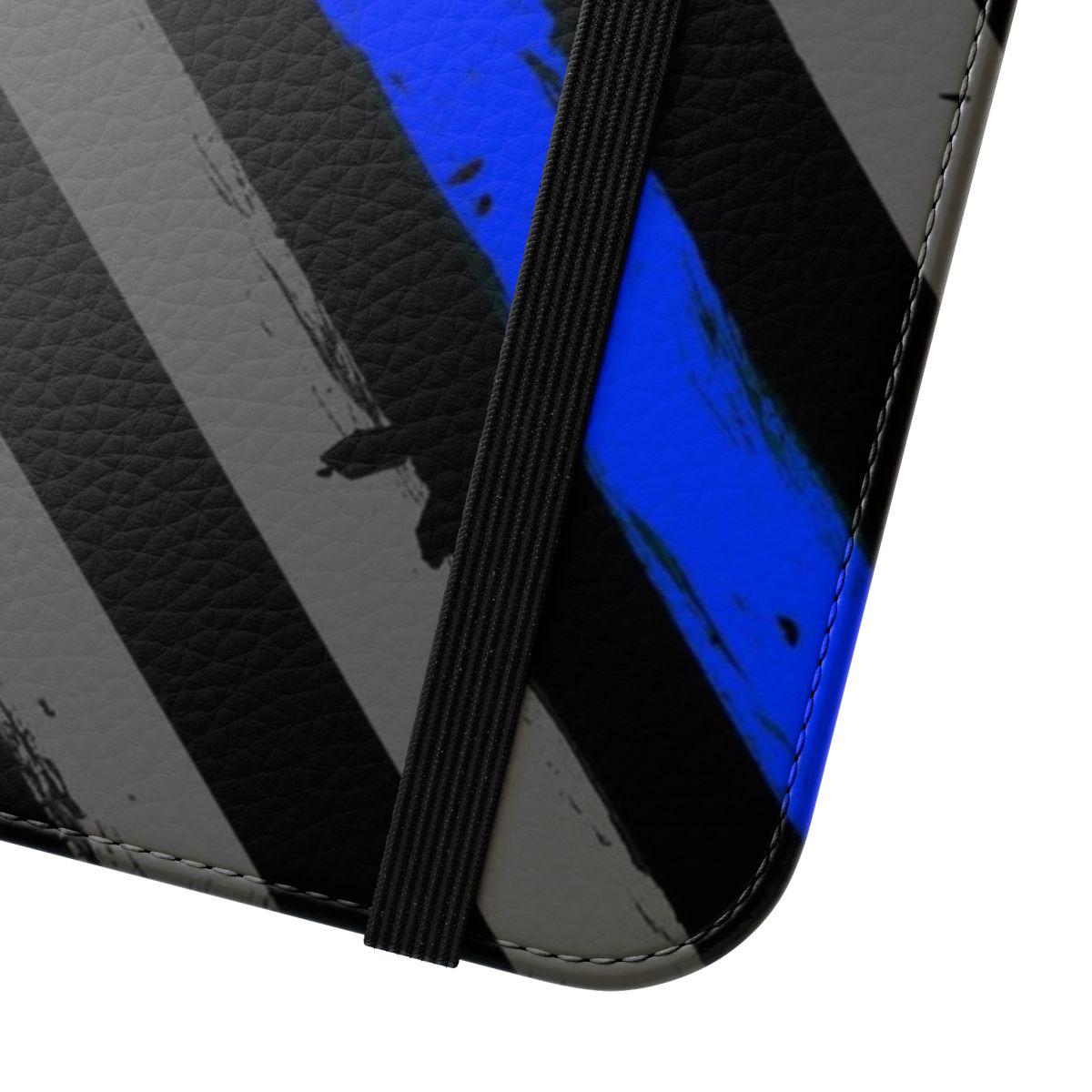 A blue and black phone case with a thin blue line American flag design, supporting police officers and law enforcement. - Close Up