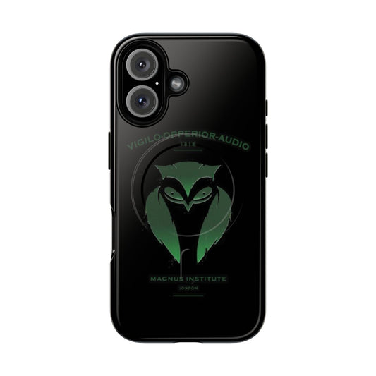 A sturdy phone case featuring a dark, spooky green owl emblem on a black background.