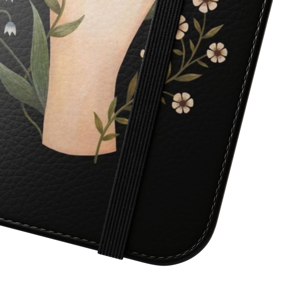 Hand painted phone case with floral and butterfly design in nature-inspired colors - Close Up