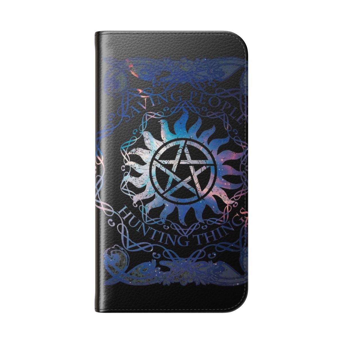 Supernatural-themed phone case with pentagram and anti-possession ward design - Folded Back