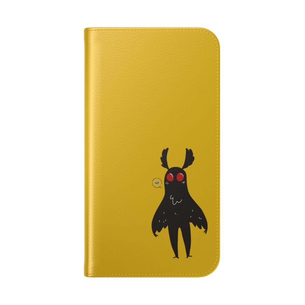 Closeup of a phone case featuring the iconic Moth Man cryptid design - Folded Back