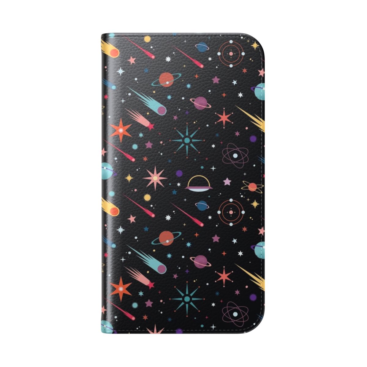 Colorful cosmic and galaxy-themed flip phone case with retro and mid-century modern design elements. - Folded Back