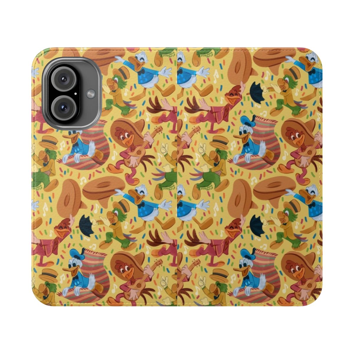 Colorful phone case with illustration of three cheerful birds in a Mexican-inspired design