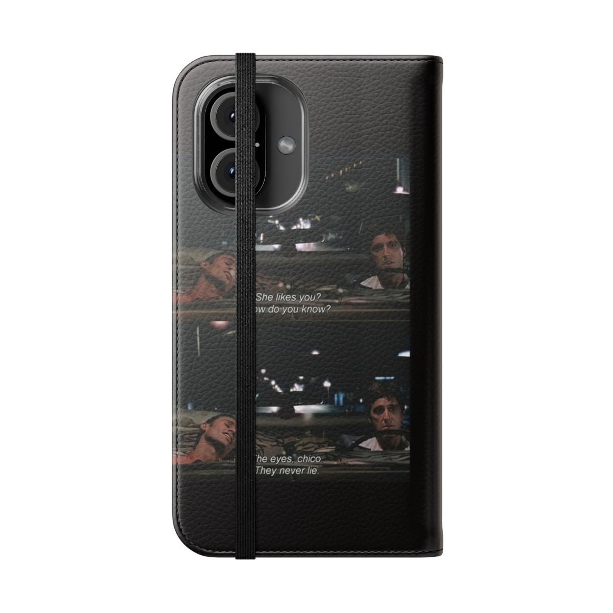 Scarface-inspired flip cover phone case featuring the iconic "The Eyes, Chico. They never lie." quote - Folded Front