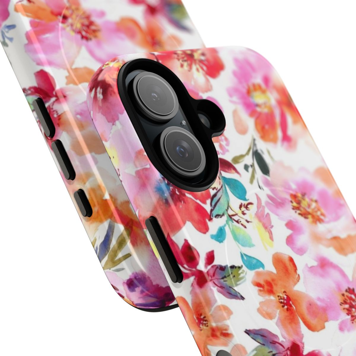 Vibrant floral phone case featuring a watercolor-style design of peonies, poppies, and other botanicals - Detail