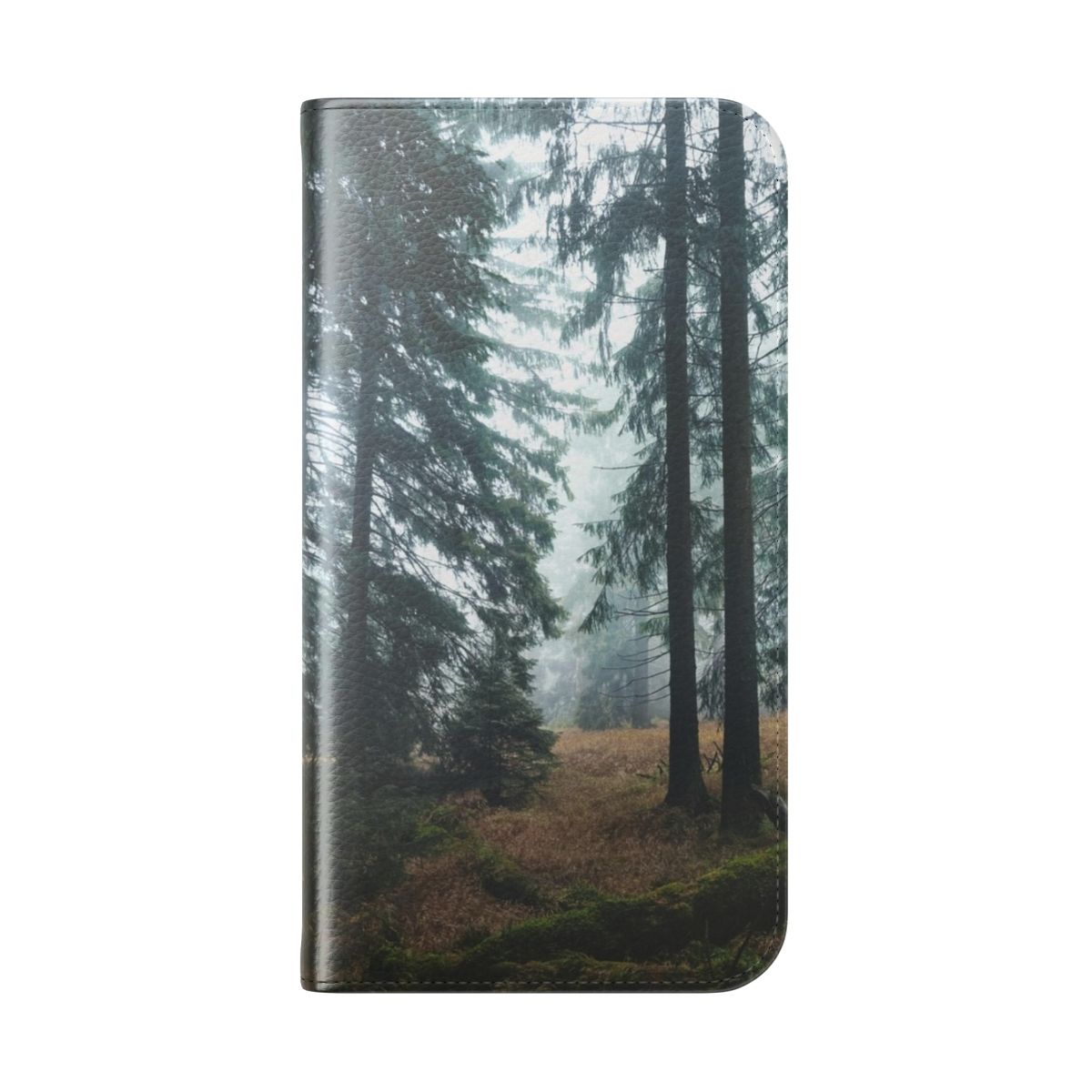 Misty, foggy forest scene with dark trees on a flip cover phone case - Folded Back