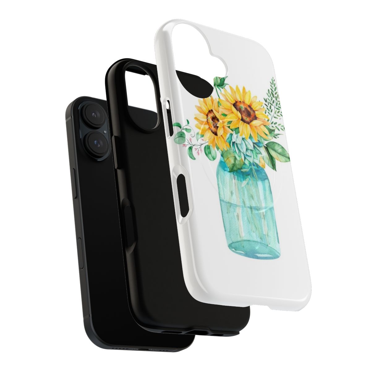 Vibrant watercolor sunflower and mason jar artwork on a durable phone case. - Layers