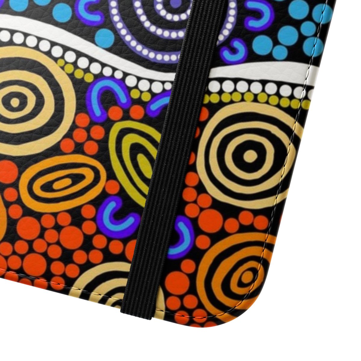 Vibrant phone case featuring authentic aboriginal-inspired dot art design with kangaroos and emus in blue and ochre colors. - Close Up