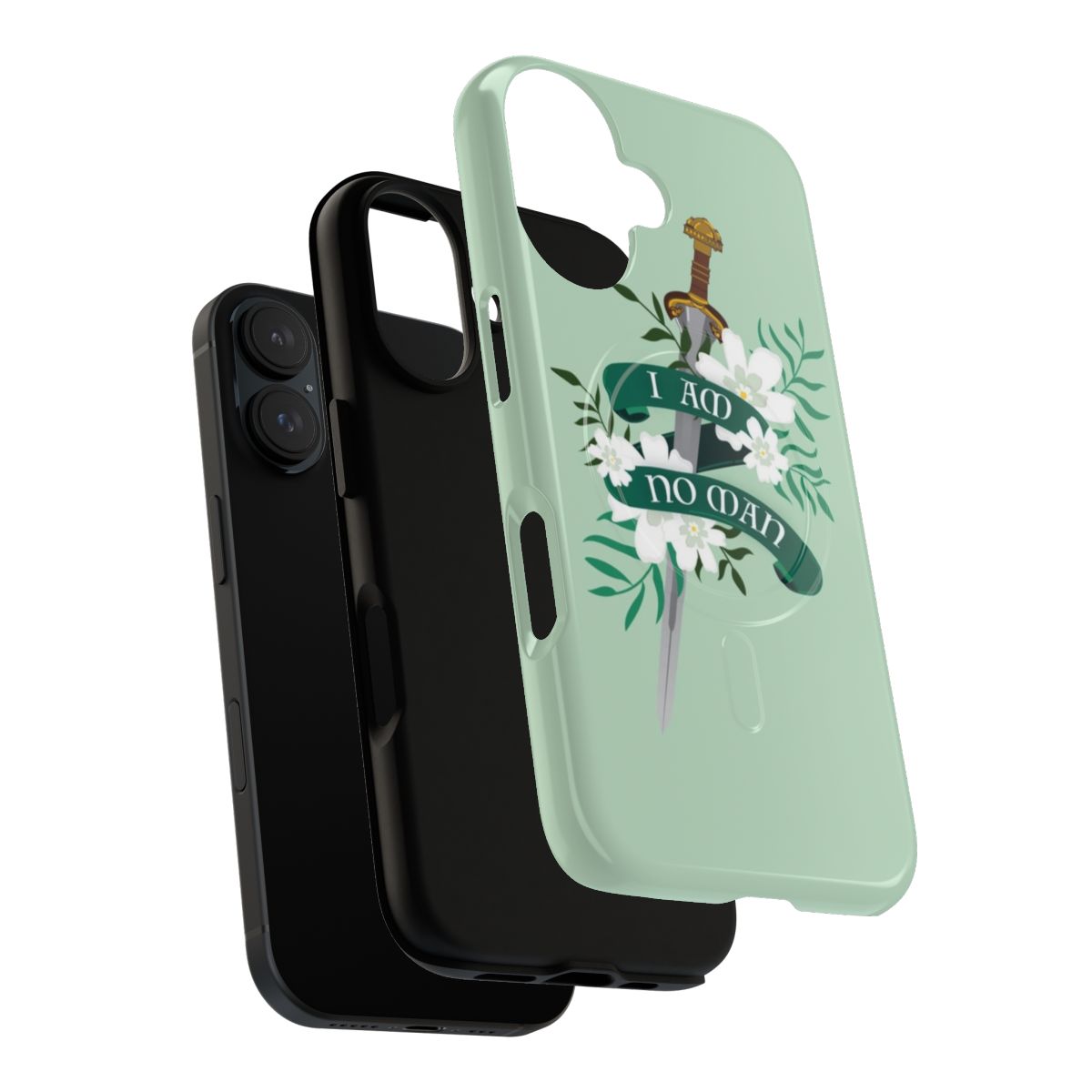 A magnetic phone case featuring a female warrior with a sword and flowers. - Layers