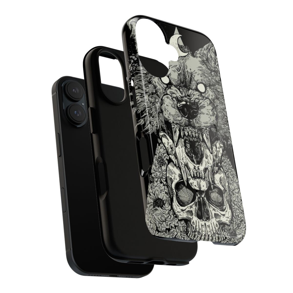 A black magnetic tough phone case featuring a wolf, werewolf, skull, and ink design - Layers