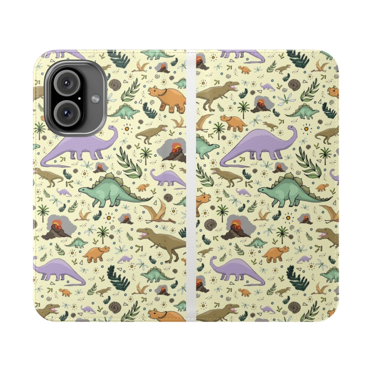 Colorful dinosaur pattern phone case with popular dinosaur species like brontosaurus, triceratops, and t-rex.