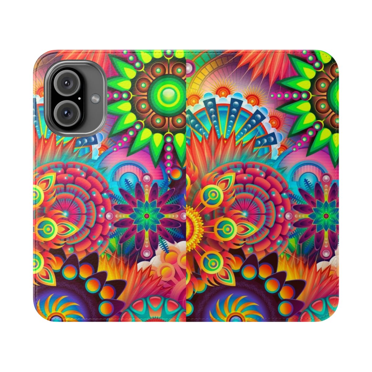 Vibrant floral design phone case with a mandala pattern in various colors