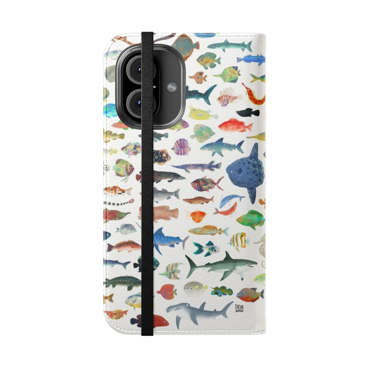 Colorful flip phone case featuring an array of marine creatures like sharks, whales, and fish. - Folded Front