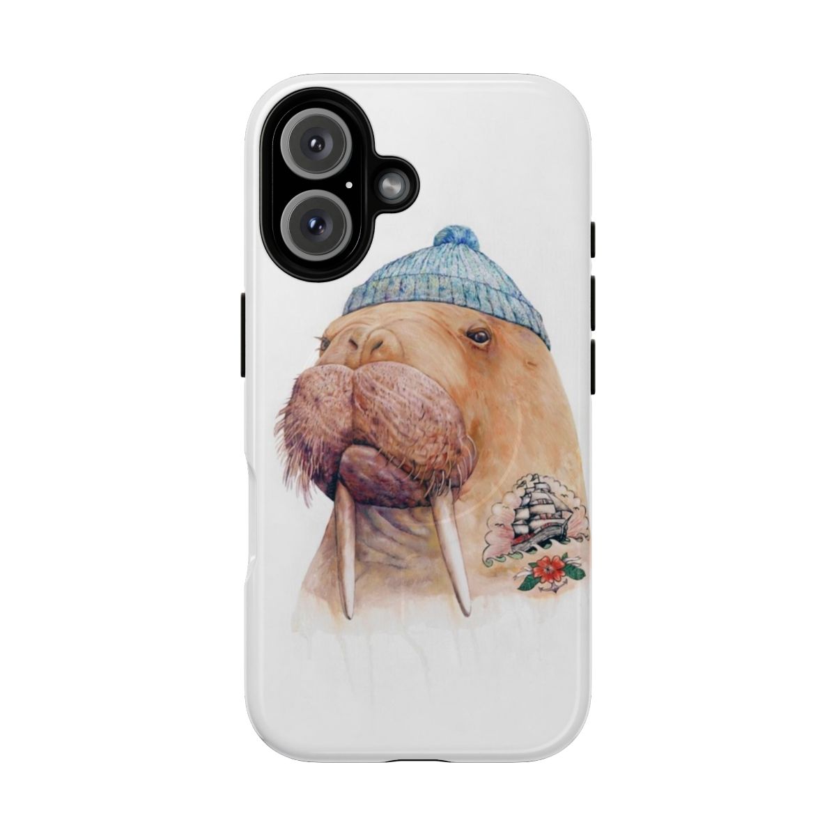 Durable phone case featuring a tattooed walrus design