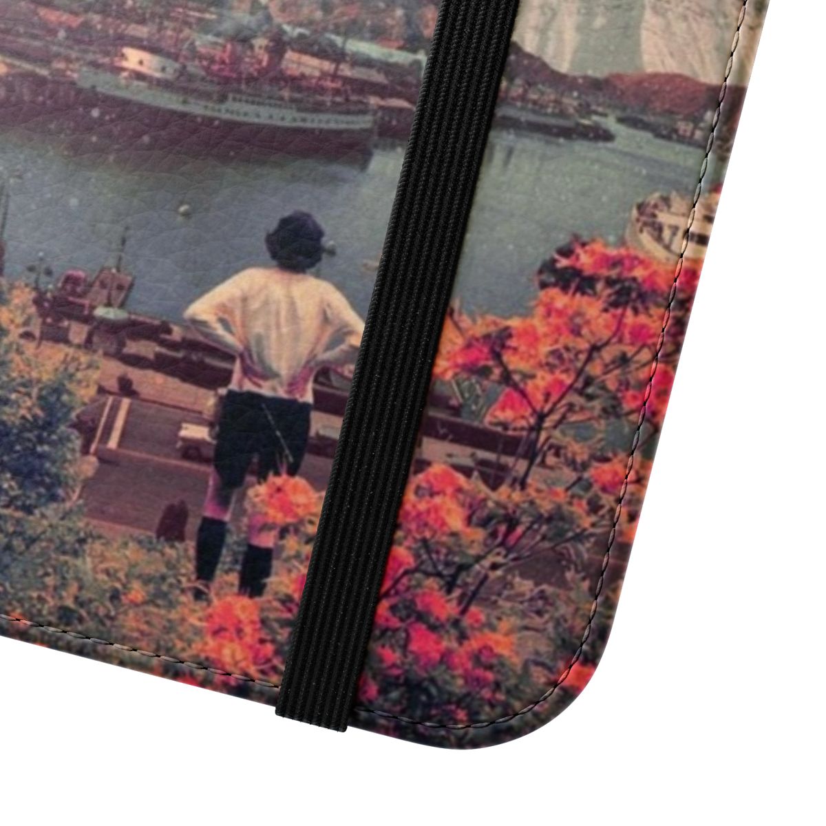 Flip cover phone case with surreal landscape design featuring mountains, flamingos, and a woman - Close Up