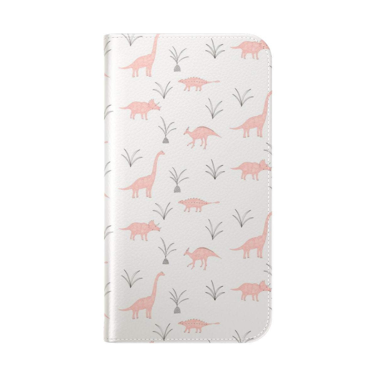 A pink phone case with a whimsical dinosaur pattern, perfect for adding a touch of prehistoric charm to your device. - Folded Back