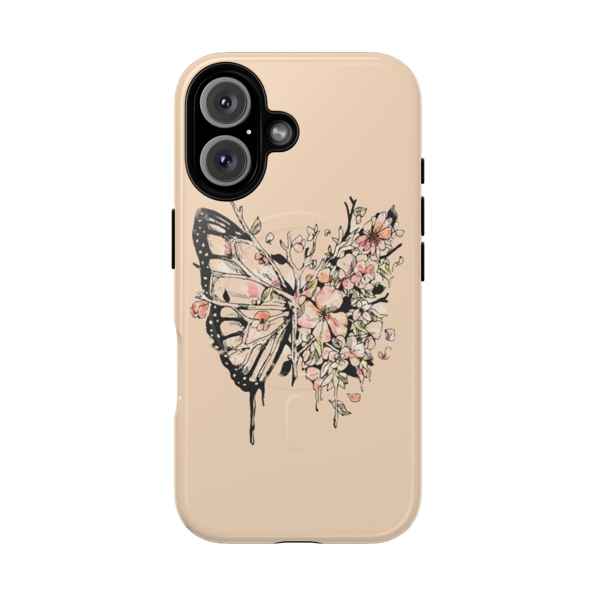 A phone case featuring a watercolor-style design of butterflies, flowers, and leaves in a surreal, metamorphosis-inspired style.