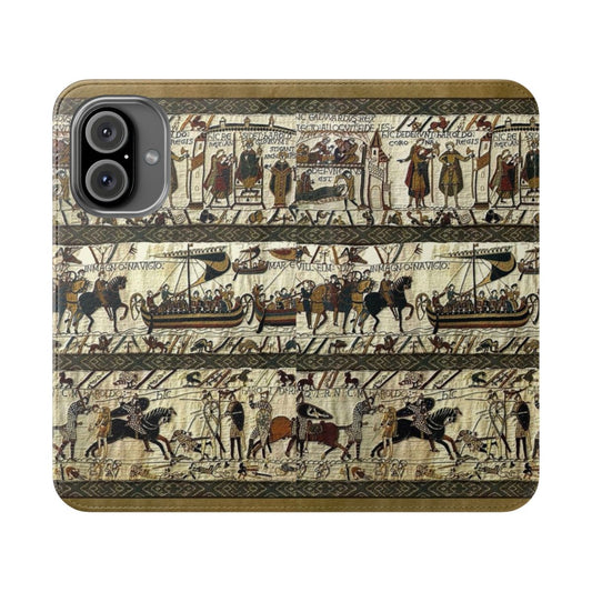 Flip cover phone case featuring a medieval-inspired design inspired by the Bayeux Tapestry