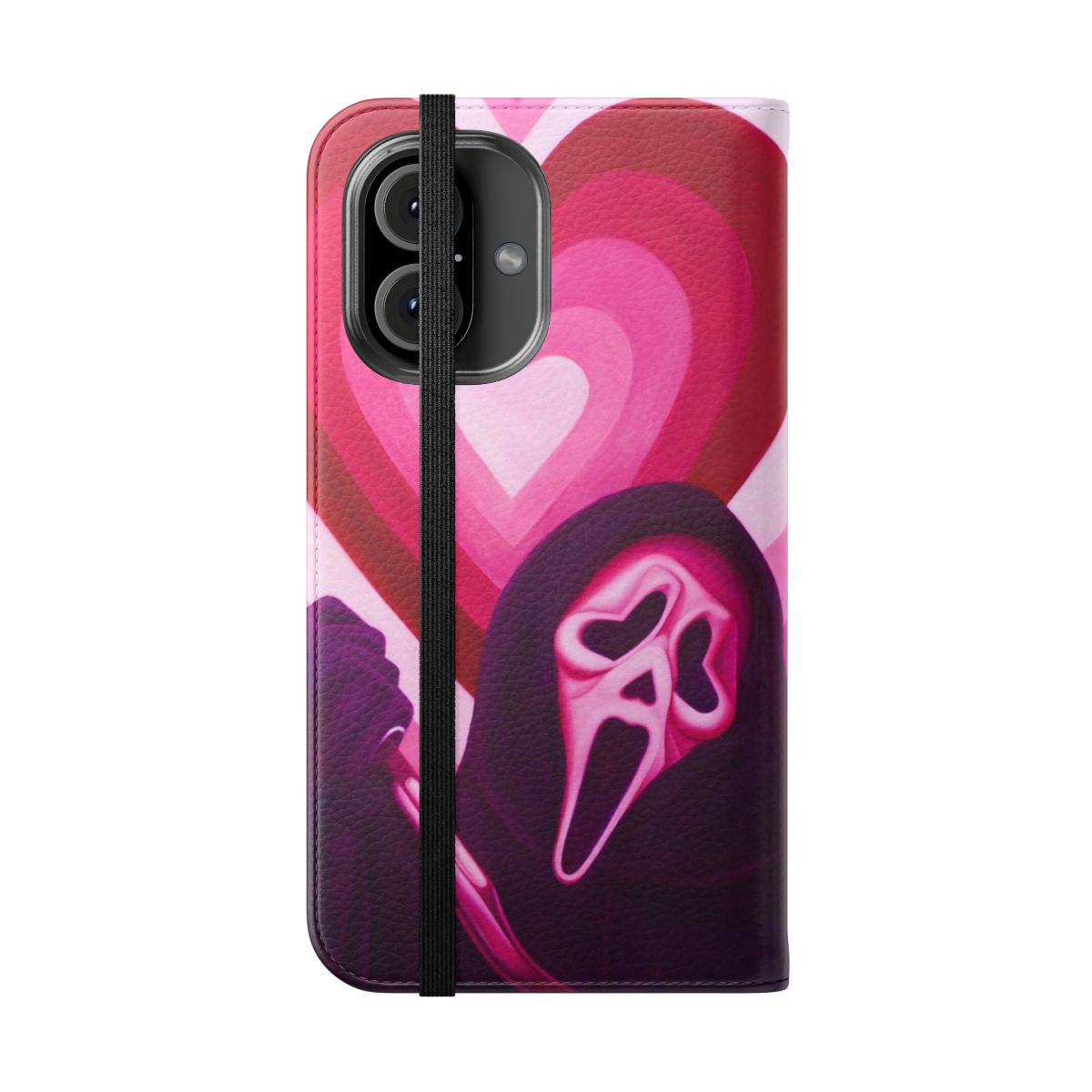 A flip cover phone case featuring a pink heart-shaped eyes design with the Ghostface character from the Scream horror movie franchise. - Folded Front