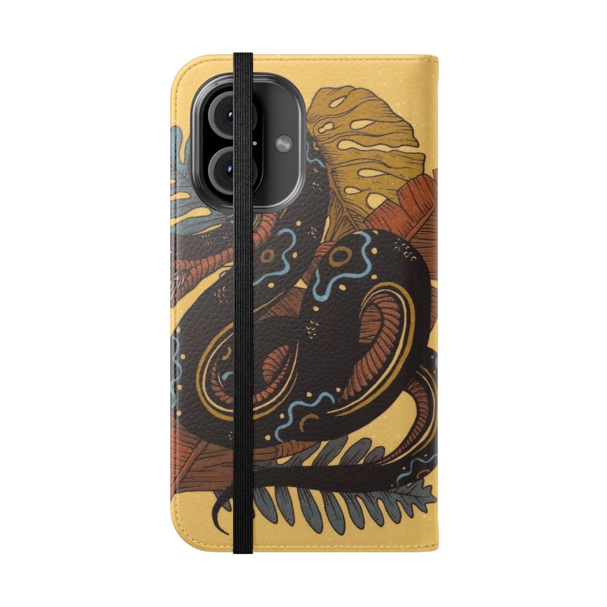 Handcrafted snake-themed flip cover phone case with a modern, artisanal design. - Folded Front