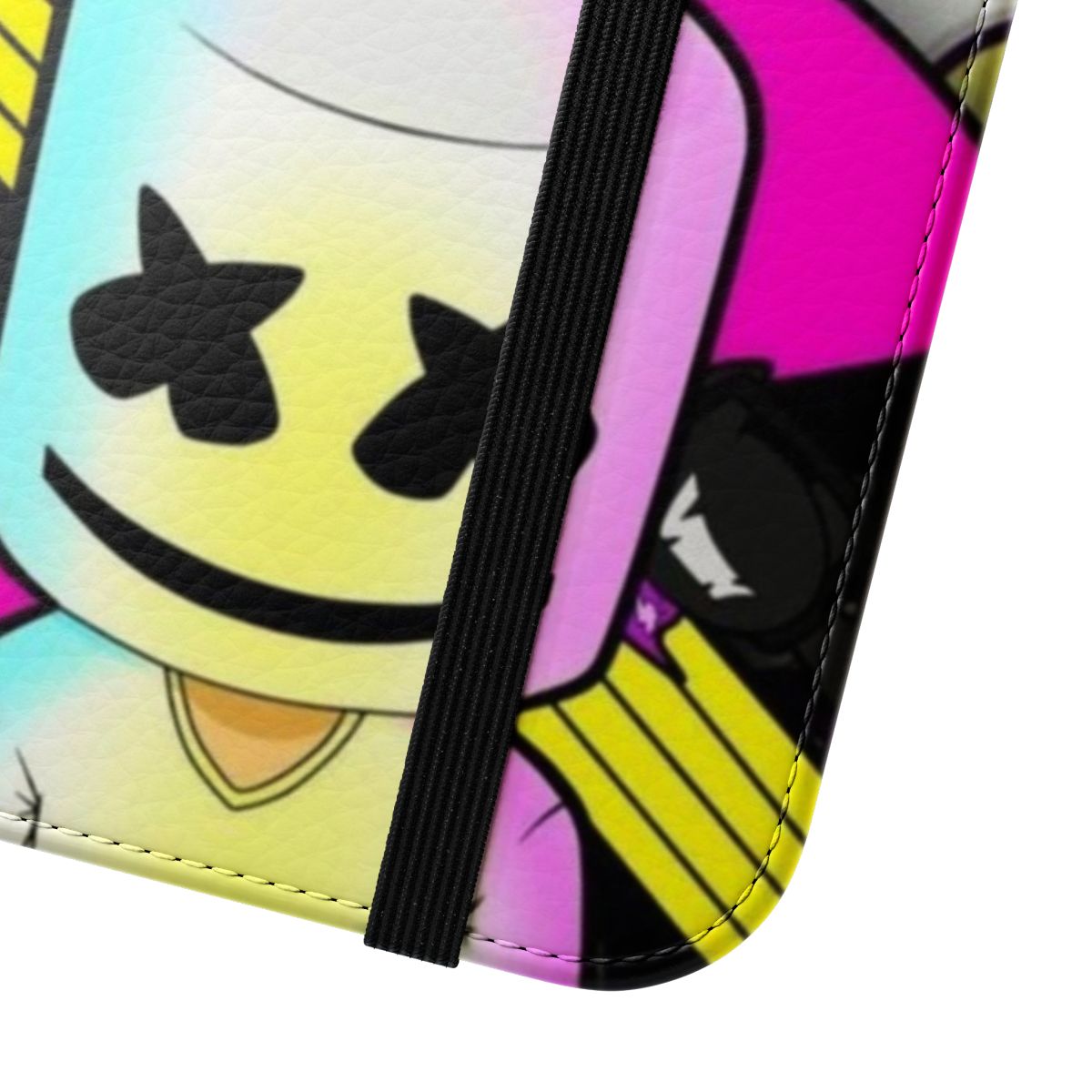 Marshmello-themed flip cover phone case in white with electronic music design - Close Up