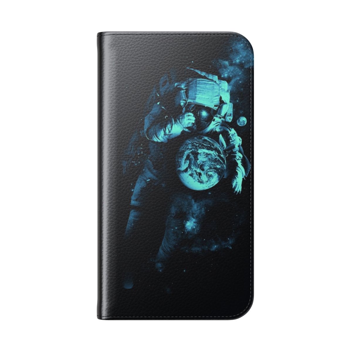 Flip cover phone case with a space themed design featuring an astronaut, planets, stars, and the cosmos. - Folded Back