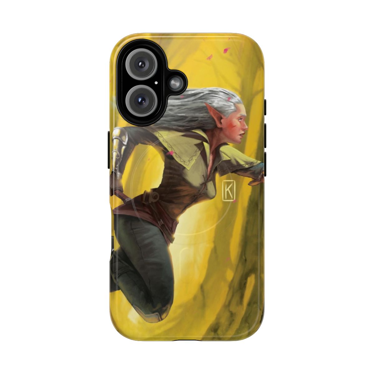 A tough, protective phone case featuring a rogue elf warrior with a blade, set against a fantasy background.