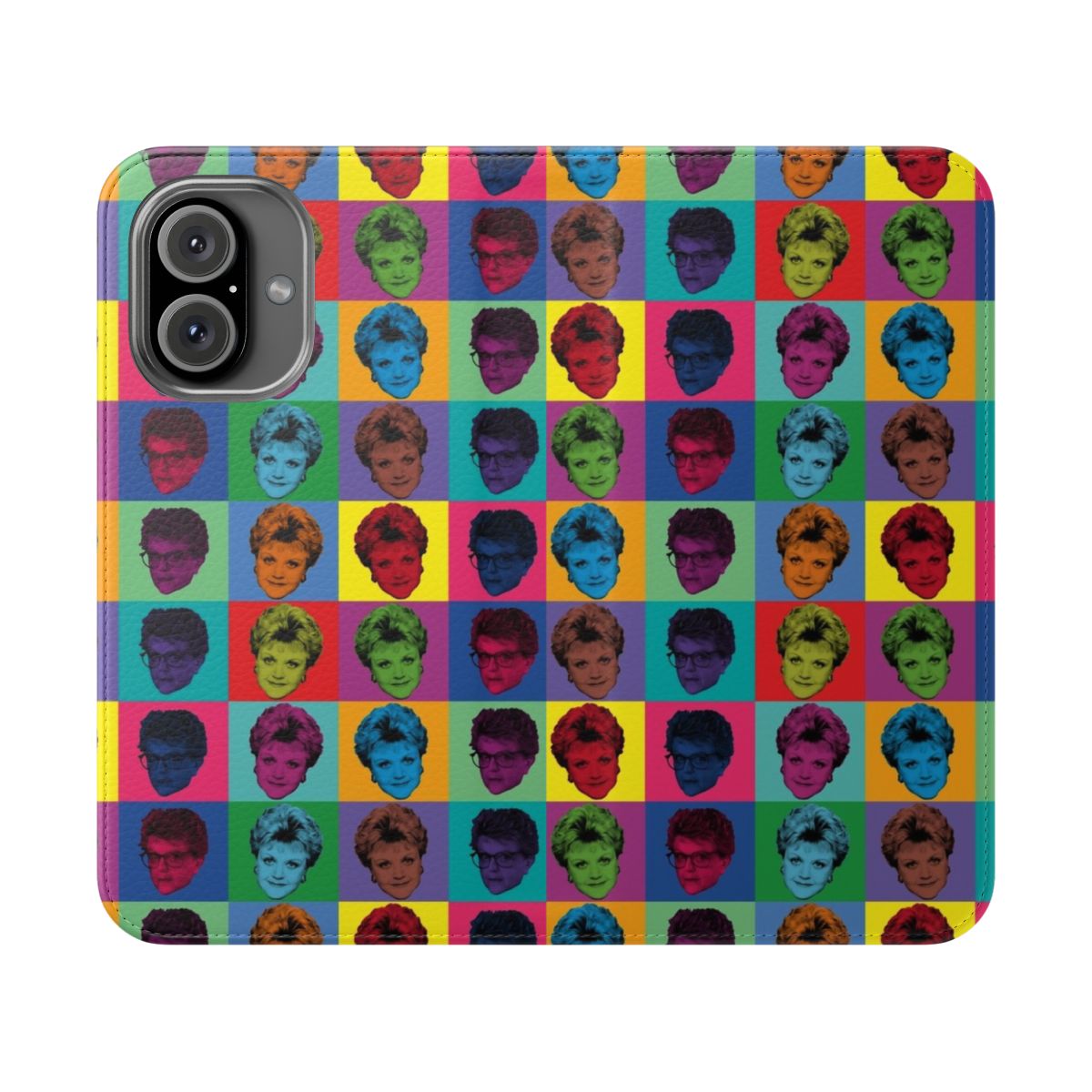 Flip phone case featuring a vintage-style illustration of Jessica Fletcher, the lead character from the 1980s TV series "Murder, She Wrote".