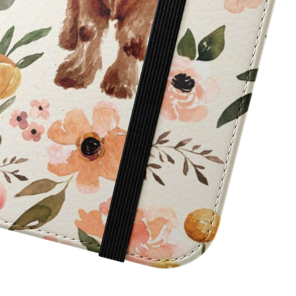 Stylish flip cover phone case featuring a hand-painted highland cow design with boho floral elements. - Close Up