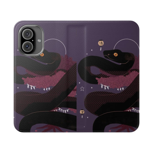 Tokara Habu snake inspired flip cover phone case with spooky, mystical design