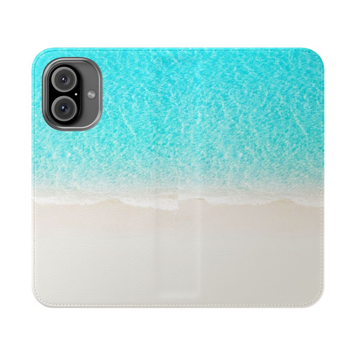 Flip cover phone case featuring a tranquil beach scene with turquoise waves crashing on the shore