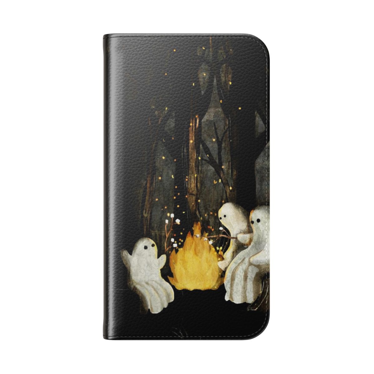 Flip cover phone case with a ghostly, marshmallow-roasting campfire design - Folded Back