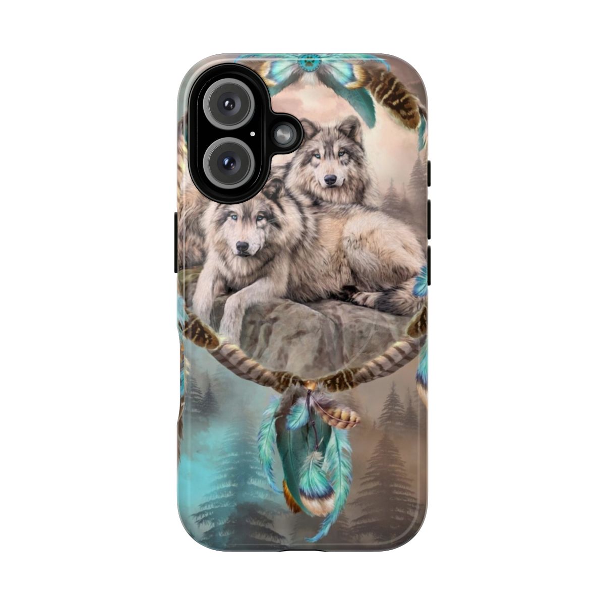 A magnetic phone case featuring a dynamic wolf art design with a dream catcher motif.