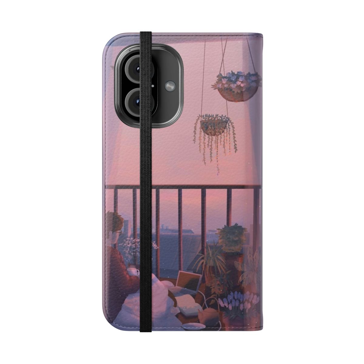 Flip cover phone case with a scenic landscape design featuring morning light and plants. - Folded Front