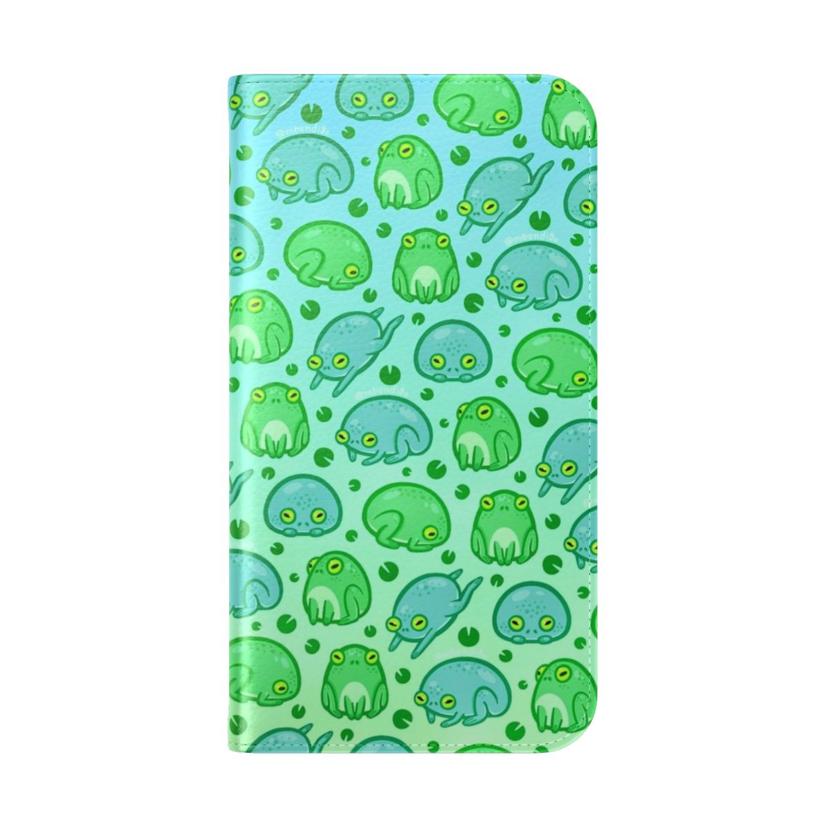 Green frog-themed phone case with a cute, nature-inspired lily pad pattern - Folded Back