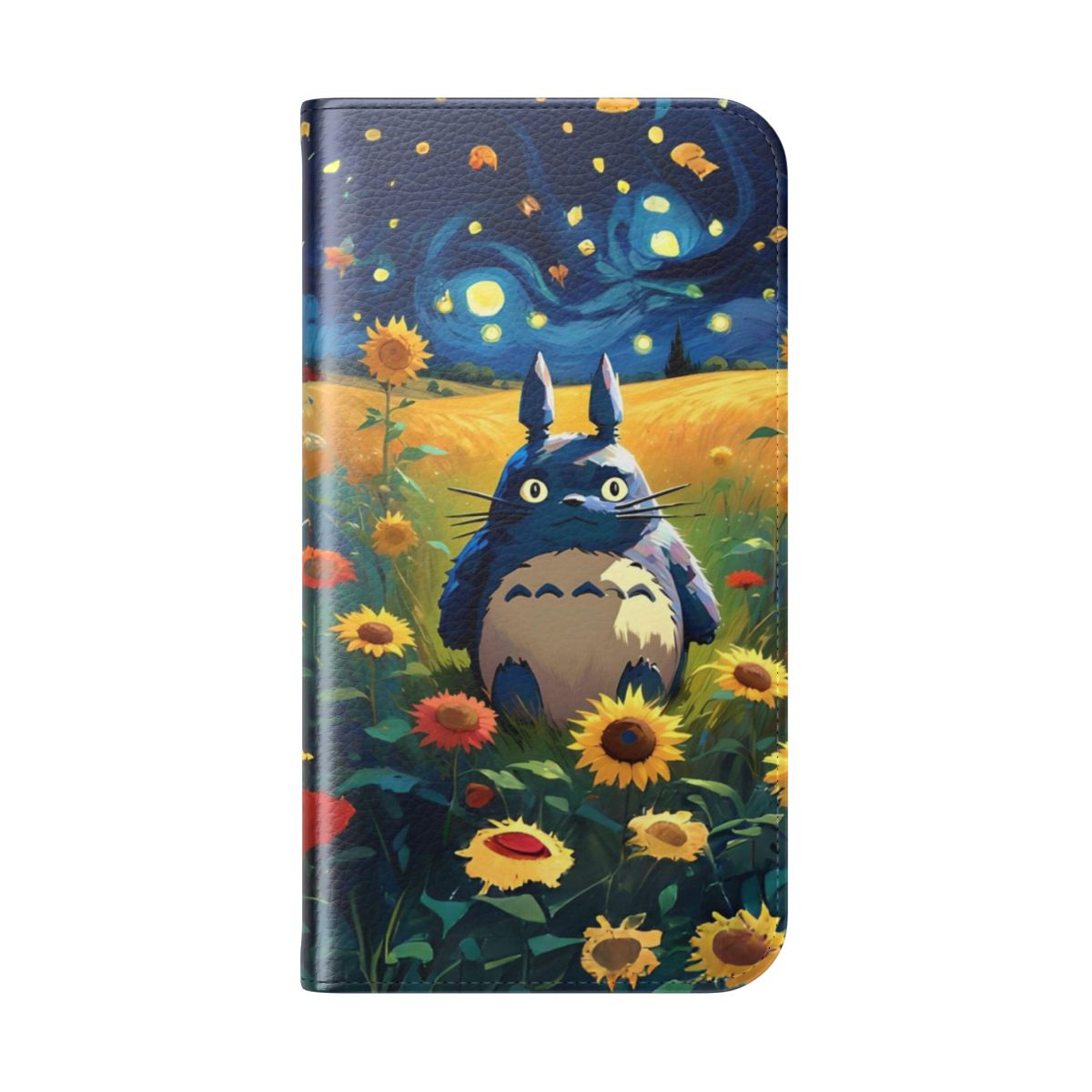 Artwork of Totoro surrounded by a field of sunflowers with a starry night sky background, featured on a flip cover phone case. - Folded Back