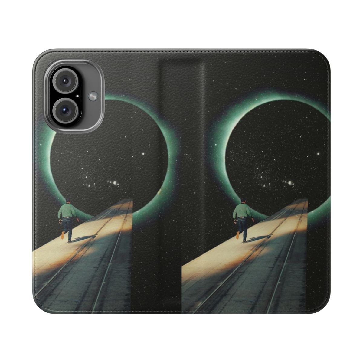 Artistic phone case featuring a surreal, space-themed collage design in a vintage, retrofuture style.