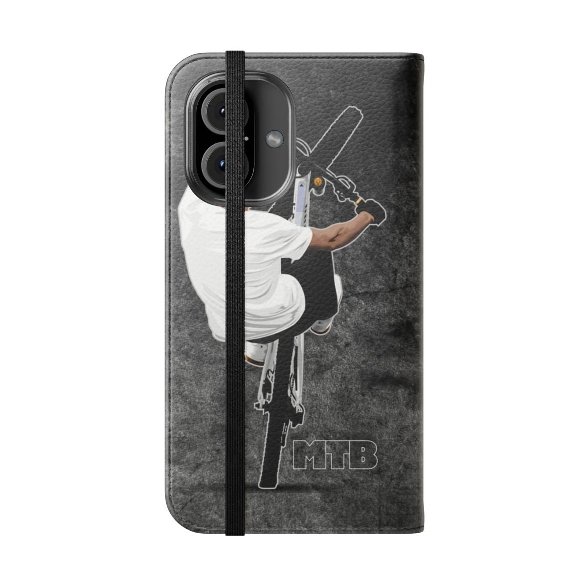 Grunge grey wall flip phone case with mountain bike and cycling graphics - Folded Front