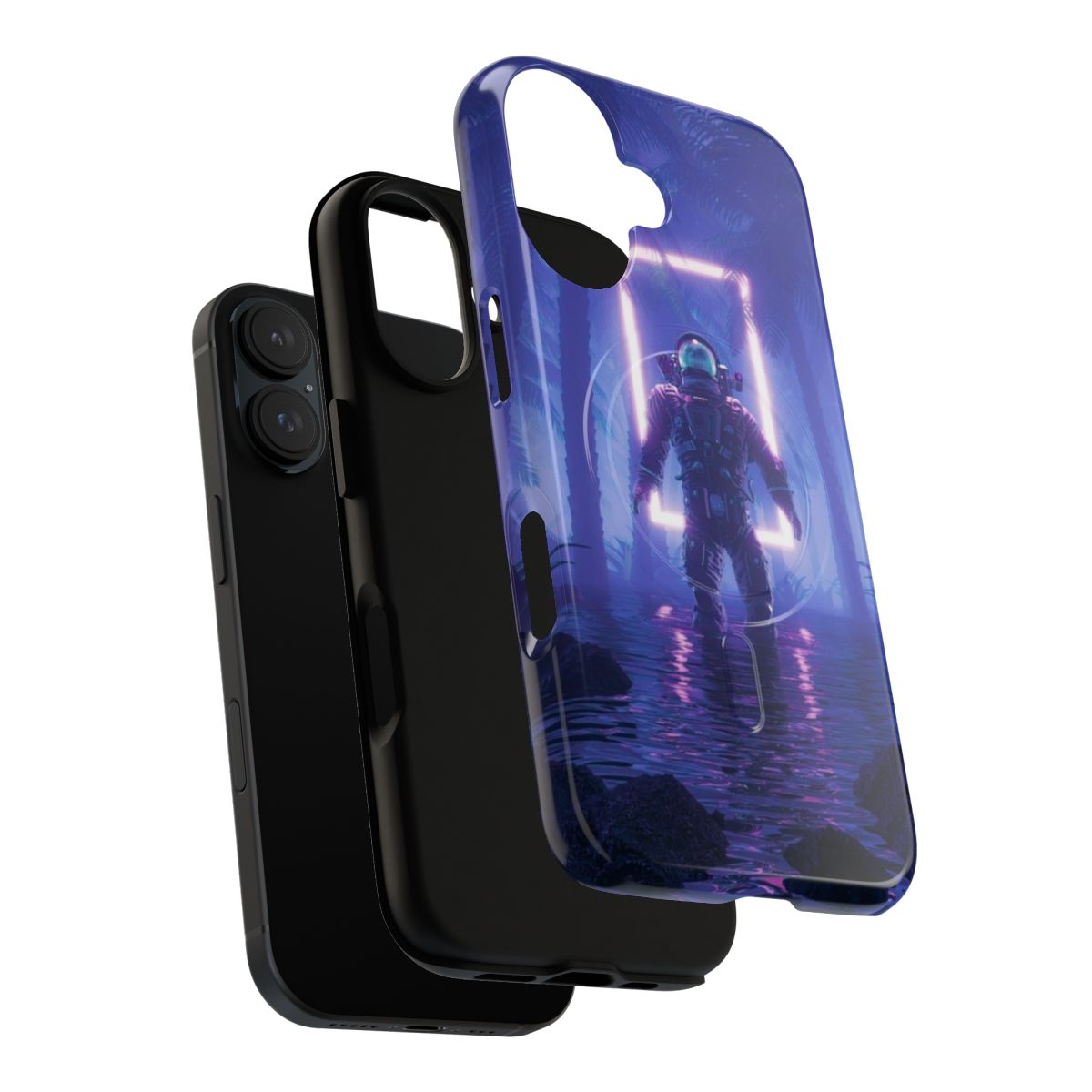 Magnetic phone case with a space and cyberpunk-inspired design featuring planets, galaxies, and cosmic elements. - Layers