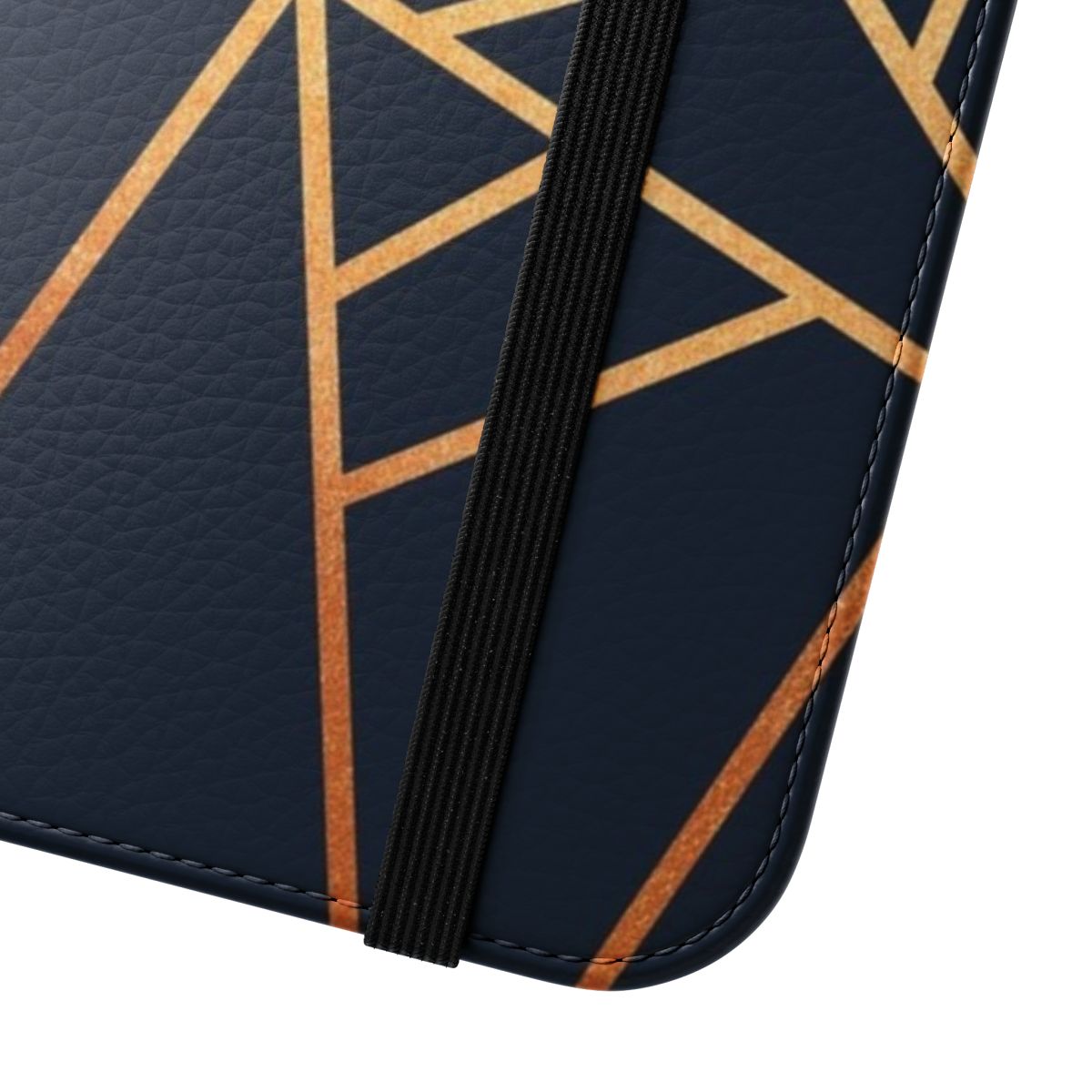 A stylish phone case featuring an abstract geometric pattern in copper and navy colors. - Close Up